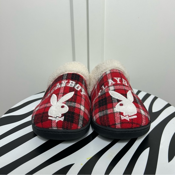 Playboy Plaid Red and Black Slippers with White Fleece Lining - Picture 2 of 8